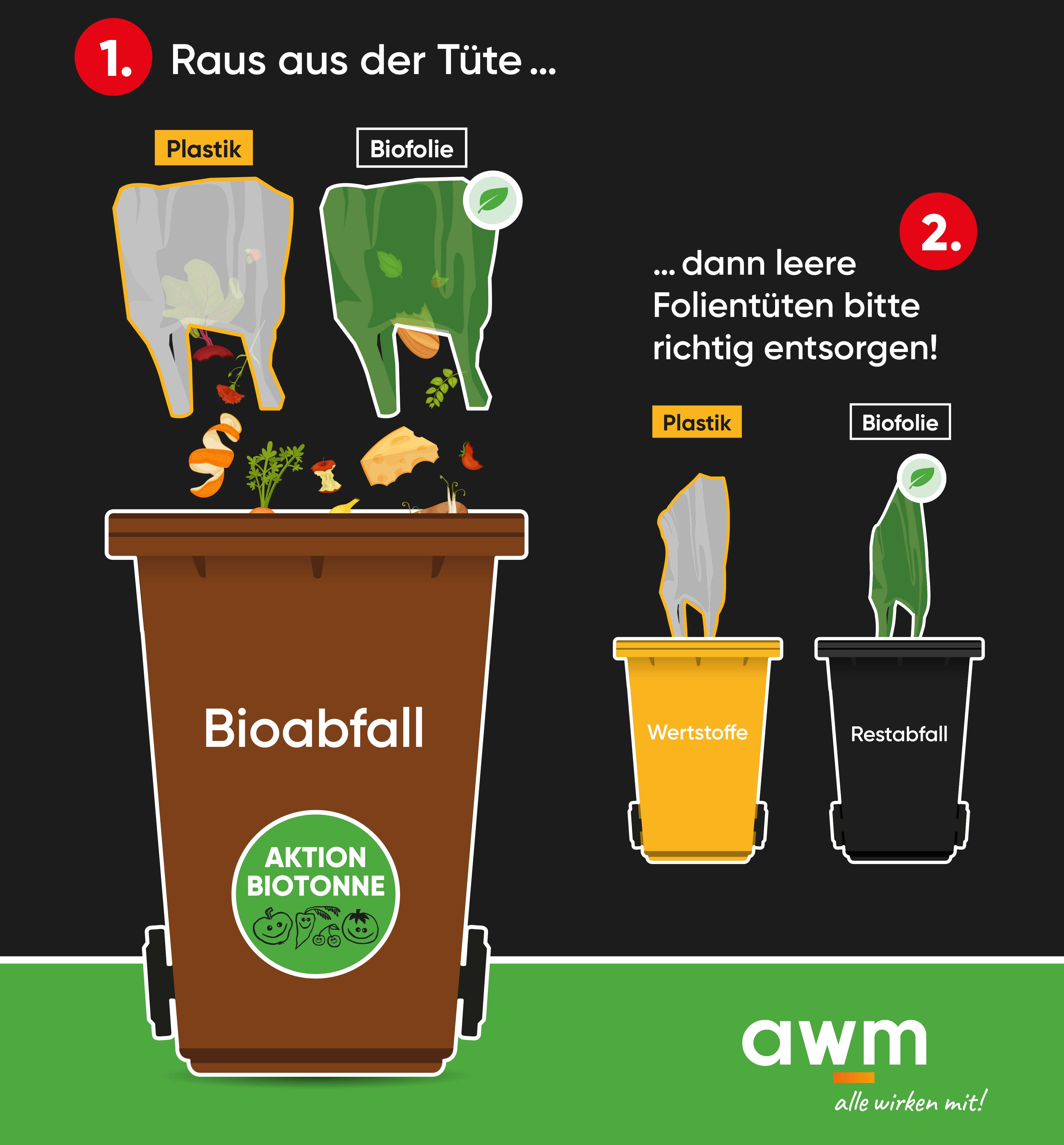Grafik: Richtig trennen! Biomüll raus aus der Tüte - dann leere Folientüten richtig entsorgen. Plastiktüten in die Wertstofftonne, Biofolie in den Restabfall. 
